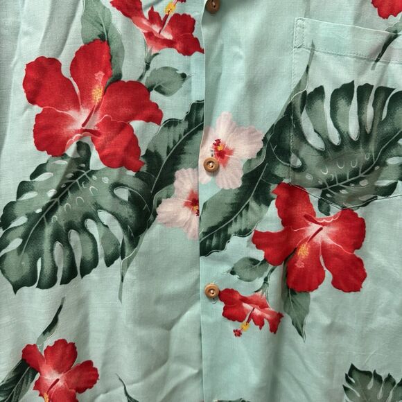 Paradise Found Womens Medium Teal Red Hibiscus Hawaiian Shirt Short Sleeve - Picture 3 of 5